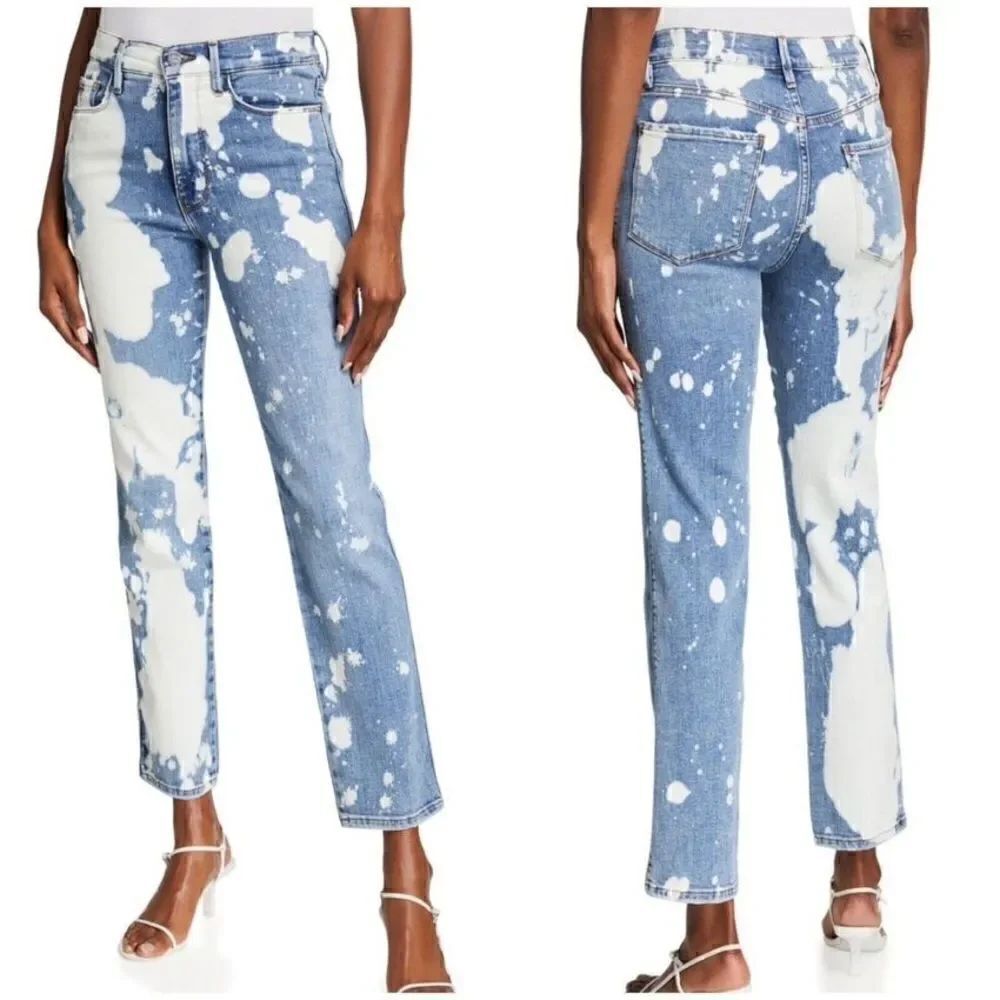 Frame Le Sylvie Blue Bleach Jeans Slender Straight Leg Splater Size 27